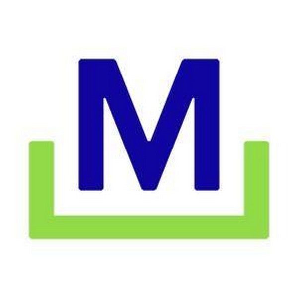 A blue and green logo of the letter m.